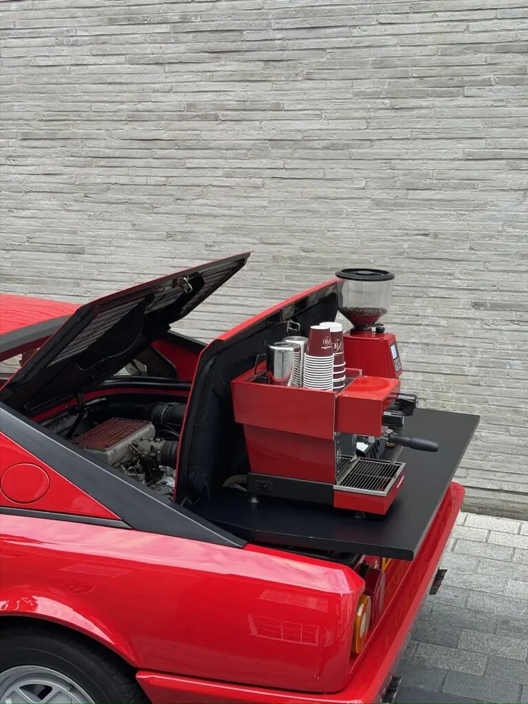 Open rear of the V80 Ferrari with espresso machine installed